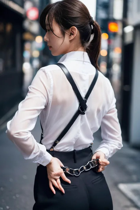 a woman in a suit, belt, hands behind back, sweating, suspenders, black pants, sexly, large breasts, see-through clothing,, dete...