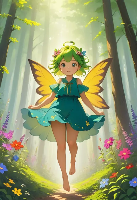 forest fairy,mysterious, small and cute,wood々in the thick forest,光に包まれた幾人もの妖精がwoodの枝に座っている,(flying high and high,barefoot,runnin...