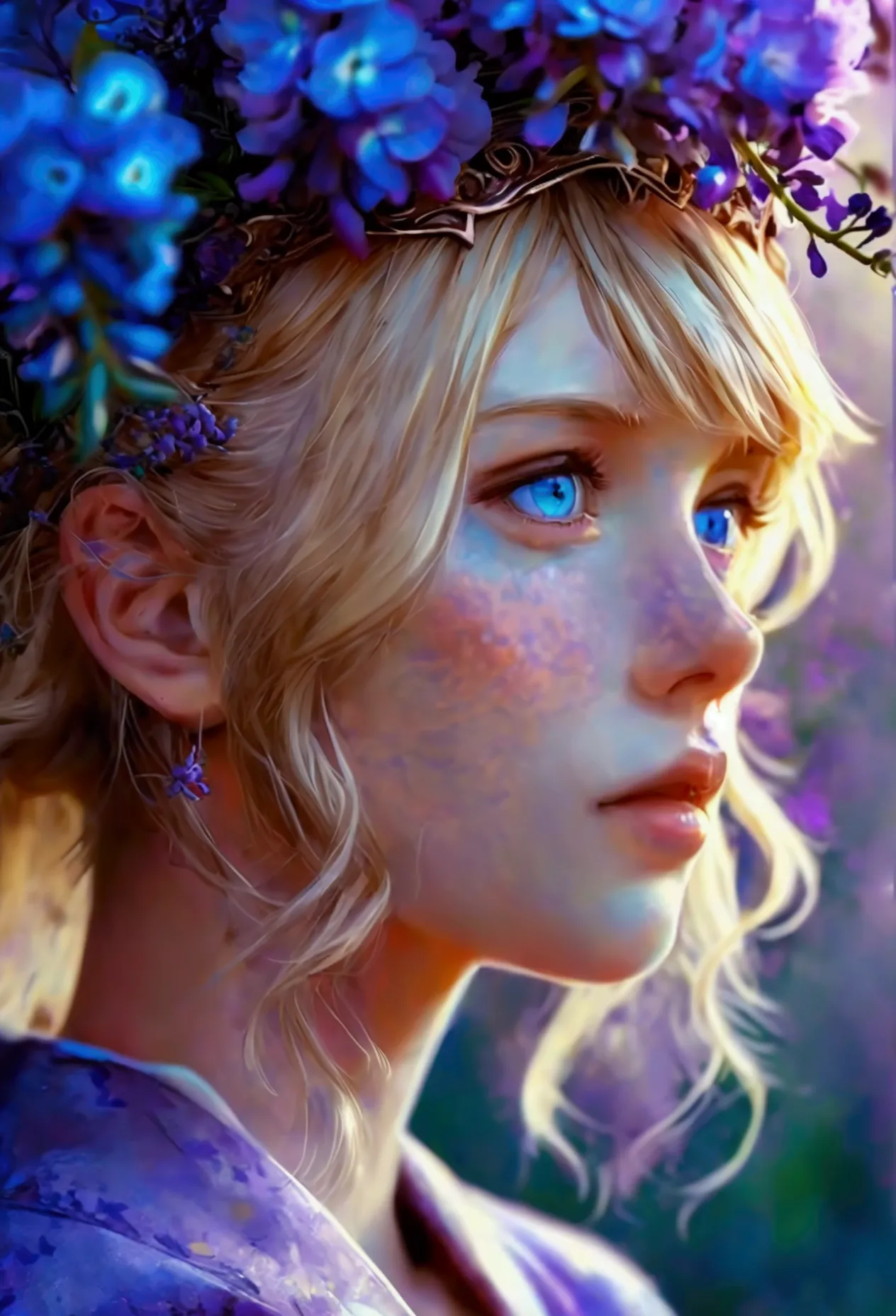 girl with blonde hair, purple & blue flowers on head, purple shirt with blue overalls, lavender eyes and dragons in the backgrou...