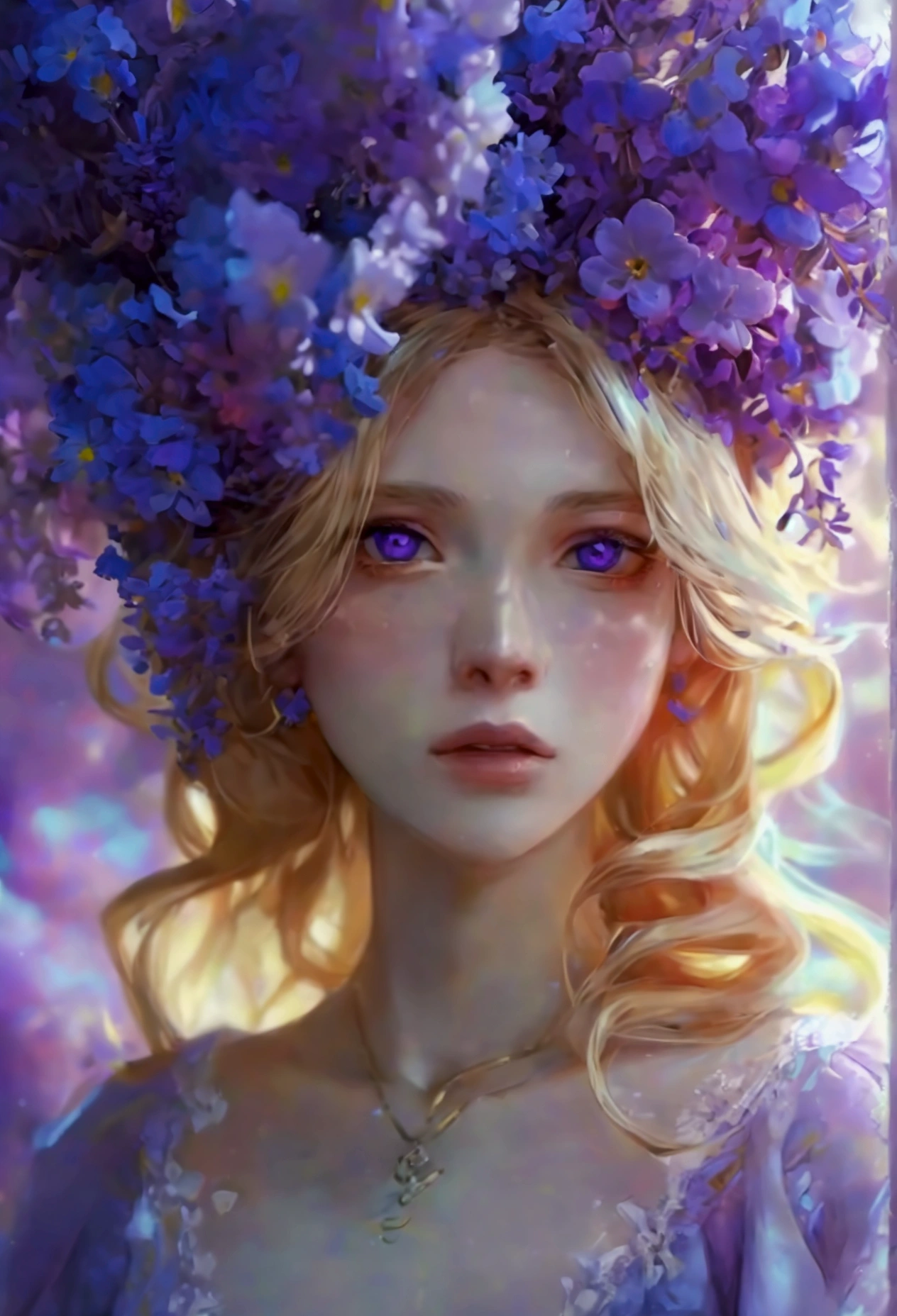 Girl with Blonde Hair, Purple & Blue Flowers on Head, Purple Shirt with Blue Overalls, Lavender Eyes And Dragons in the Background