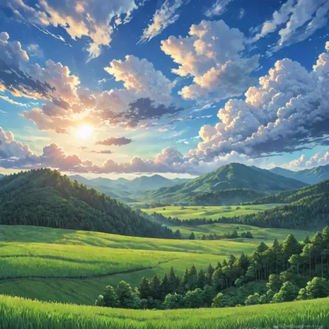 anime style，evening，evening sky，mountain々，surrounded by clouds，green fields and forests，beautiful sky，beautiful views