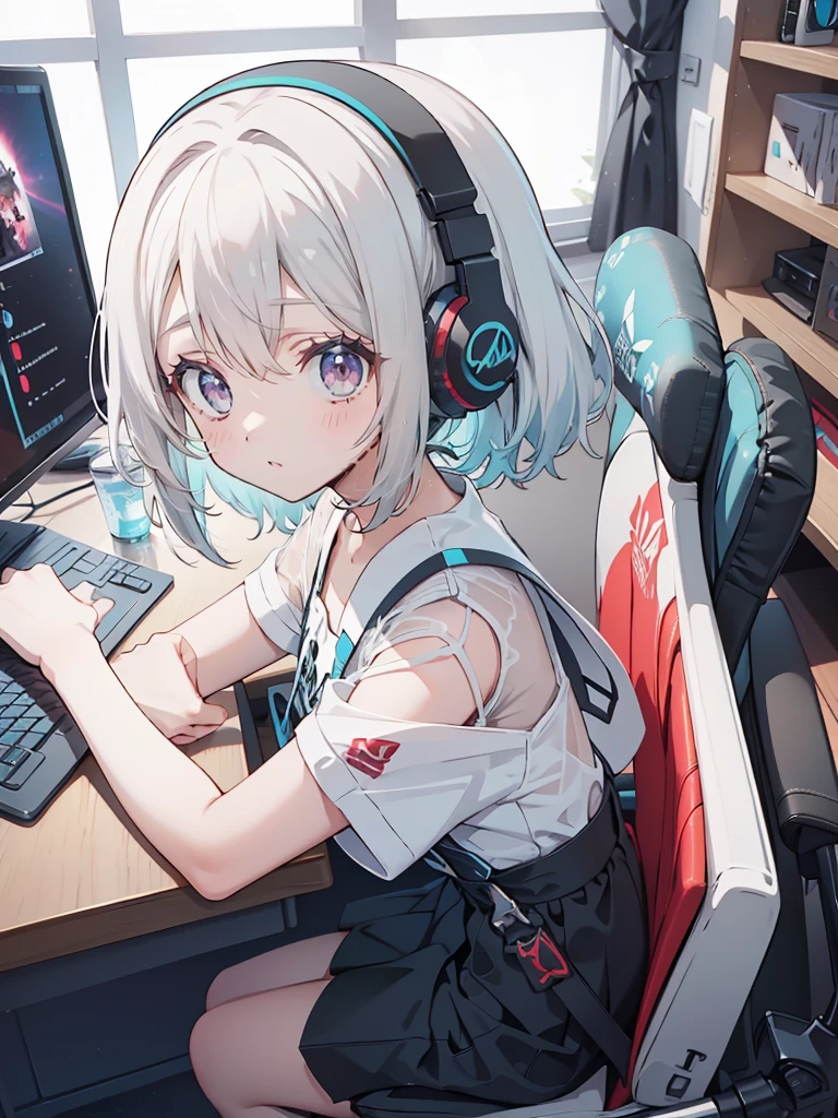 Gamer girl wearing headphones, hair color is white, mesh is light blue, gaming PC on desk, gaming chair, cool expression。Red eyes