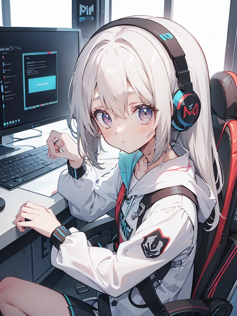 Gamer girl wearing headphones, hair color is white, mesh is light blue, gaming PC on desk, gaming chair, cool expression。Red eyes