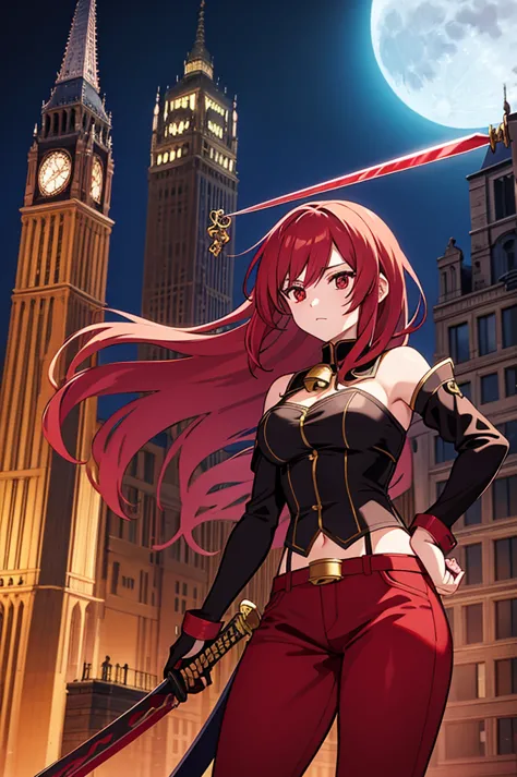 long cerise hair, bikini, brown flared pants, gloves, bell-bottoms, red eyes, sword, city, night, moon