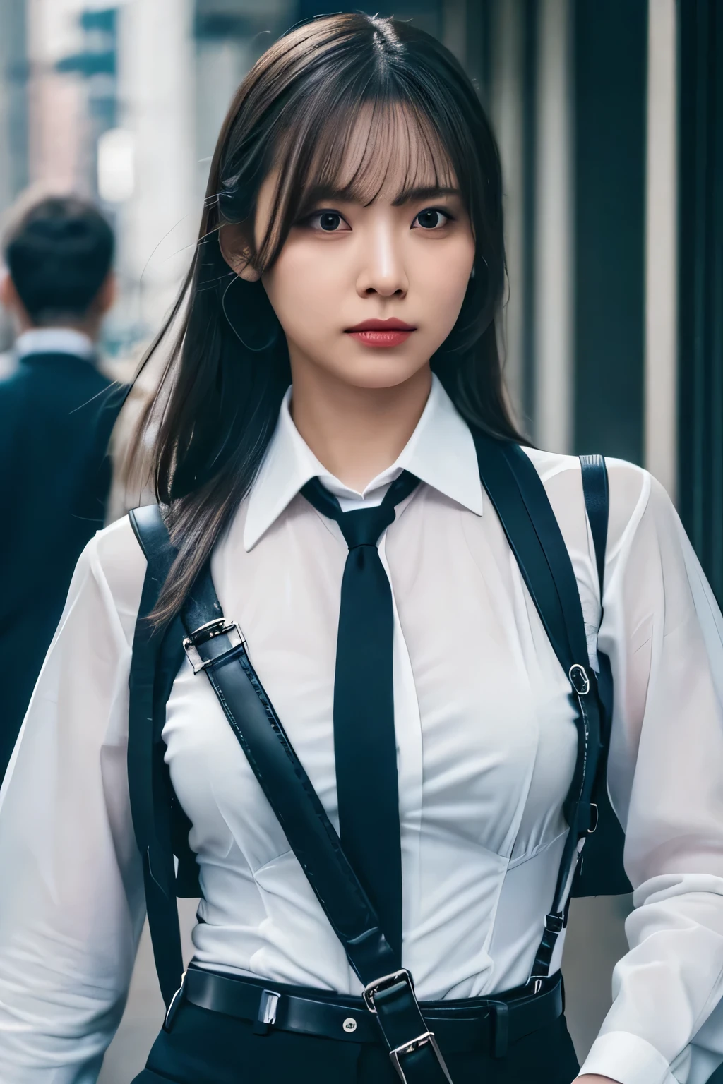 a woman in a suit, belt, hands behind back, sweating, suspenders, black pants, sexly, large breasts, see-through clothing, rain, detective, office worker, white button-up shirt, (best quality,4K,8k,highres,masterpiece:1.2),ultra-detailed,(realistic,photorealistic,photo-realistic:1.37),hyper-detailed,highly detailed face and body, Slender　thin　suspenders　Moderate breasts　See-through shirt　Nipples　holster　chain　Pistol　Armament　criminal　Female criminal　knife
