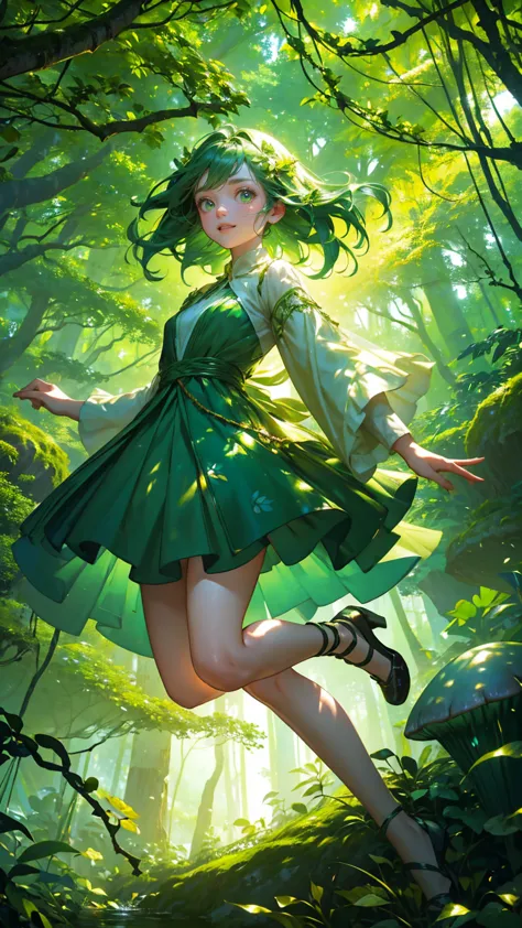 a beautiful, cute girl with an excited expression, wearing a whimsical green forest-themed outfit made of leaves and natural ele...