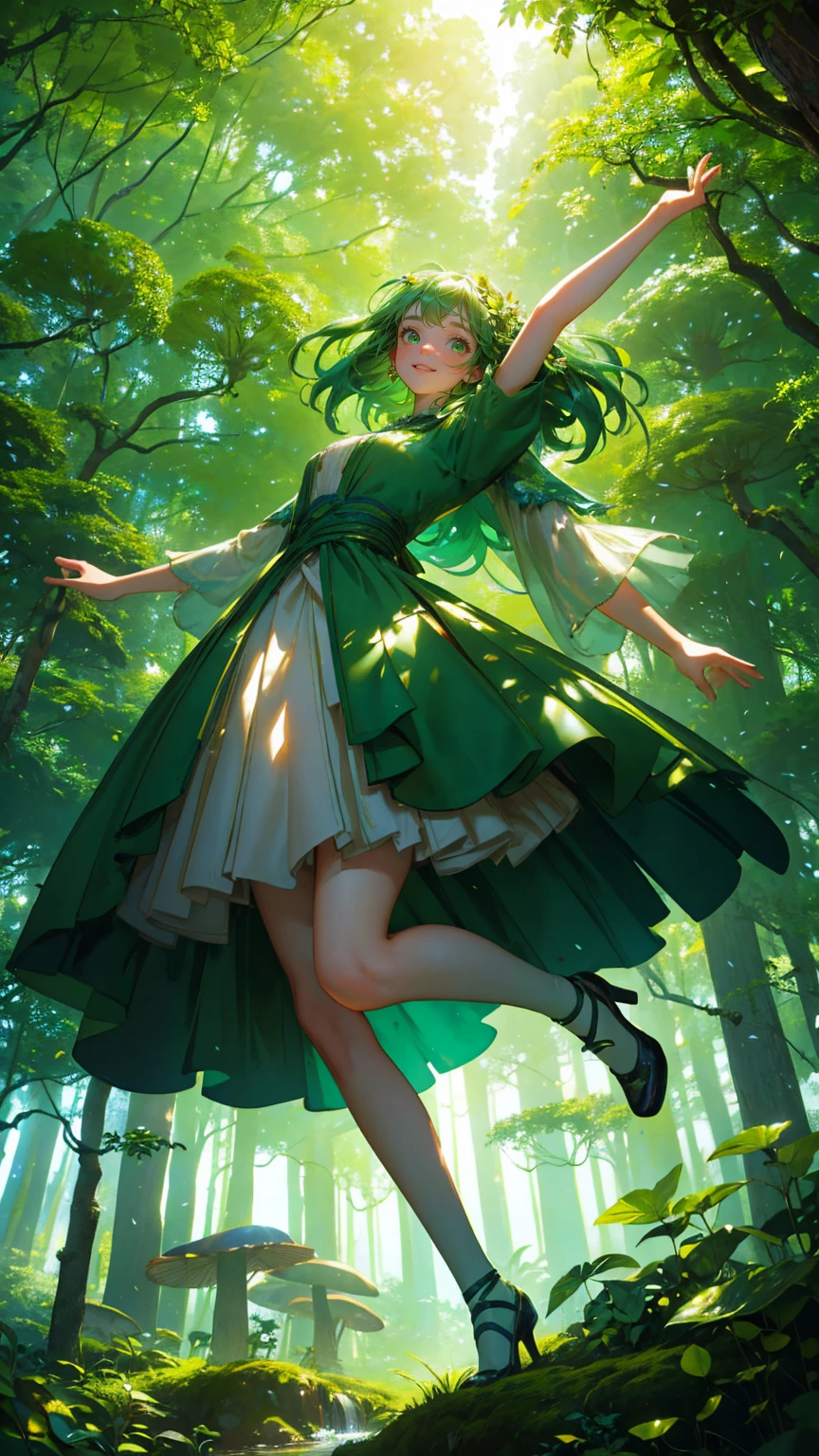 A beautiful, cute girl with an excited expression, wearing a whimsical green forest-themed outfit made of leaves and natural elements, like vines and small branches. She is joyfully jumping in the air, surrounded by a cascade of green glowing coins falling from above. Below her, a magical forest clearing with a small waterfall and a pond sparkles in shades of green. Towering trees with lush green canopies and oversized green mushrooms fill the background, while beams of green light shoot upward in a vibrant burst. The entire scene is immersed in various green tones, from her dress to the trees and the water, creating a lively, enchanting, and otherworldly forest atmosphere."