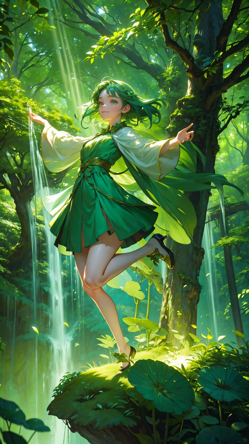 A beautiful, cute girl with an excited expression, wearing a whimsical green forest-themed outfit made of leaves and natural elements, like vines and small branches. She is joyfully jumping in the air, surrounded by a cascade of green glowing coins falling from above. Below her, a magical forest clearing with a small waterfall and a pond sparkles in shades of green. Towering trees with lush green canopies and oversized green mushrooms fill the background, while beams of green light shoot upward in a vibrant burst. The entire scene is immersed in various green tones, from her dress to the trees and the water, creating a lively, enchanting, and otherworldly forest atmosphere."