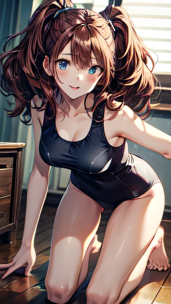 Very delicate,Exquisite Face,
beautiful girl,
break,
8k,
Highest quality,
masterpiece,
Super Adoption,
Very detailed,
Ultra-fine illustrations,
break,
Active Pause, Dynamic Angle,
indoor,
Shiny,
bright,
Rim Light,
break,
One person,
Perfect fingers,
Perfect female body,
Big Hair,
Fluffy hair,
Air Van,
Long bangs between the eyes,
Round face,
blue eyes,
smile, Open your mouth,
Moderate, Balanced breasts,
 slut,
Full body portrait,Sexy pose:1.5,

break,
White school swimsuit,