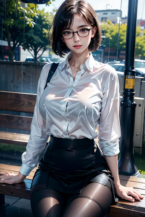 realistic, high resolution, 1 female, mature woman, alone, hip up, viewer display, (detailed face), (short bob)、(glasses)、school...