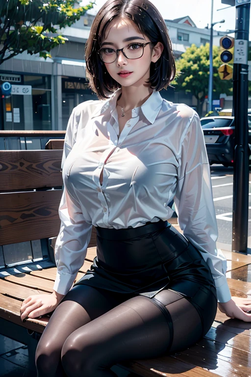 Realistic, High resolution, 1 female, Mature Woman, alone, Hip Up, Viewer Display, (Detailed face), (Short Bob)、(Glasses)、school uniform, mini skirt、Tight waist、Ample breasts、(black tights)、Sit on a bench、(Blouse wet in the rain)、(Girl in the rain)、bus stop、Rain、Dark Sky、(Dark Background)