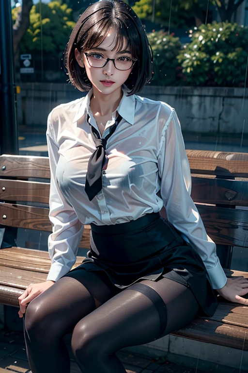 Realistic, High resolution, 1 female, Mature Woman, alone, Hip Up, Viewer Display, (Detailed face), (Short Bob)、(Glasses)、school uniform, mini skirt、Tight waist、Ample breasts、(black tights)、Sit on a bench、(Blouse wet in the rain)、(Girl in the rain)、bus stop、Rain、(Dark Sky)、(Dark Background)、