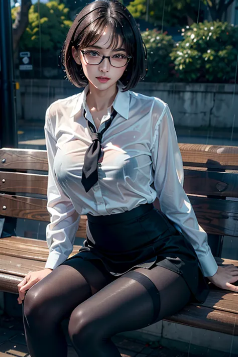 realistic, high resolution, 1 female, mature woman, alone, hip up, viewer display, (detailed face), (short bob)、(glasses)、school...