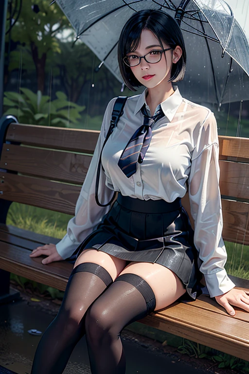 Realistic, High resolution, 1 female, Mature Woman, alone, Hip Up, Viewer Display, (Detailed face), (Short Bob)、(Glasses)、school uniform, mini skirt、Tight waist、Ample breasts、(Over the knee socks)、Sit on a bench、(Blouse wet in the rain)、(Girl in the rain)、bus stop、Rain、(Dark Sky)、(Dark Background)、