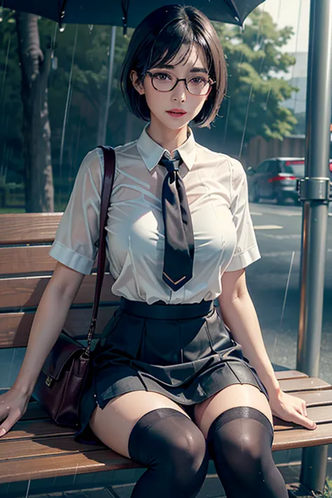 realistic, high resolution, 1 female, mature woman, alone, hip up, viewer display, (detailed face), (short bob)、(glasses)、school...