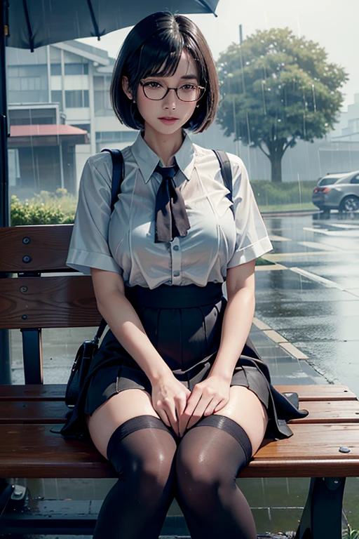 Realistic, High resolution, 1 female, Mature Woman, alone, Hip Up, Viewer Display, (Detailed face), (Short Bob)、(Glasses)、school uniform, mini skirt、Tight waist、Ample breasts、(Over the knee socks)、Sit on a bench、(Blouse wet in the rain)、(Girl in the rain)、bus stop、Rain、(Dark Sky)、(Dark Background)、