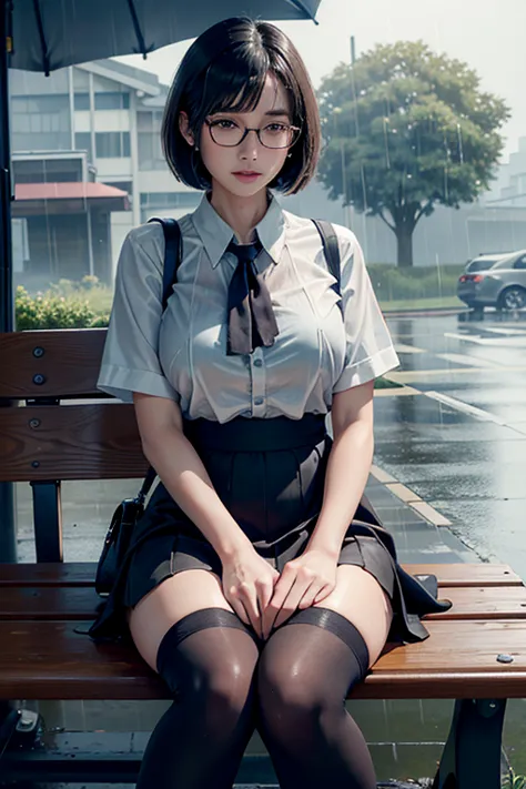 realistic, high resolution, 1 female, mature woman, alone, hip up, viewer display, (detailed face), (short bob)、(glasses)、school...