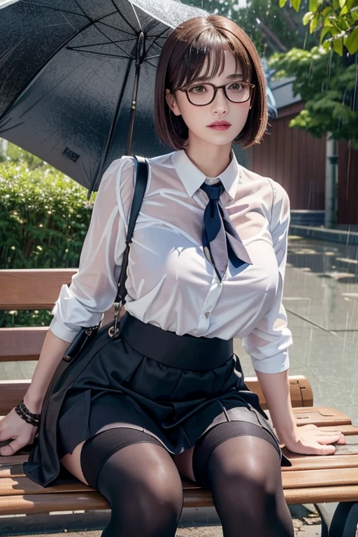 Realistic, High resolution, 1 female, Mature Woman, alone, Hip Up, Viewer Display, (Detailed face), (Short Bob)、(Glasses)、school uniform, mini skirt、Tight waist、Ample breasts、(Over the knee socks)、Sit on a bench、(Blouse wet in the rain)、(Girl in the rain)、bus stop、Rain、(Dark Sky)、(Dark Background)、