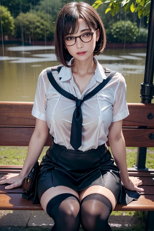 Realistic, High resolution, 1 female, Mature Woman, alone, Hip Up, Viewer Display, (Detailed face), (Short Bob)、(Glasses)、school uniform, mini skirt、Tight waist、Ample breasts、(Over the knee socks)、Sit on a bench、(Blouse wet in the rain)、(Girl in the rain)、bus stop、Rain、(Dark Sky)、(Dark Background)、