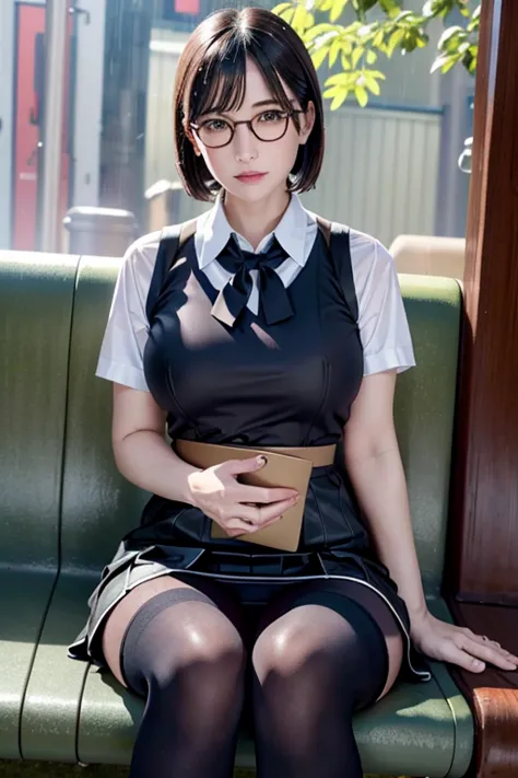 realistic, high resolution, 1 female, mature woman, alone, hip up, viewer display, (detailed face), (short bob)、(glasses)、school...