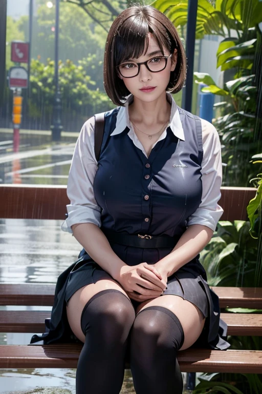 Realistic, High resolution, 1 female, Mature Woman, alone, Hip Up, Viewer Display, (Detailed face), (Short Bob)、(Glasses)、school uniform, mini skirt、Tight waist、Ample breasts、(Over the knee socks)、Sit on a bench、(Blouse wet in the rain)、(Girl in the rain)、bus stop、heavy Rain、(dark sky)、(Dark Background)、At dusk