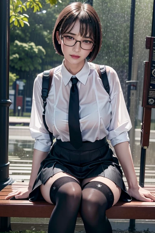 Realistic, High resolution, 1 female, Mature Woman, alone, Hip Up, Viewer Display, (Detailed face), (Short Bob)、(Glasses)、school uniform, mini skirt、Tight waist、Ample breasts、(Over the knee socks)、Sit on a bench、(Blouse wet in the rain)、(Girl in the rain)、bus stop、heavy Rain、(dark sky)、(Dark Background)、At dusk