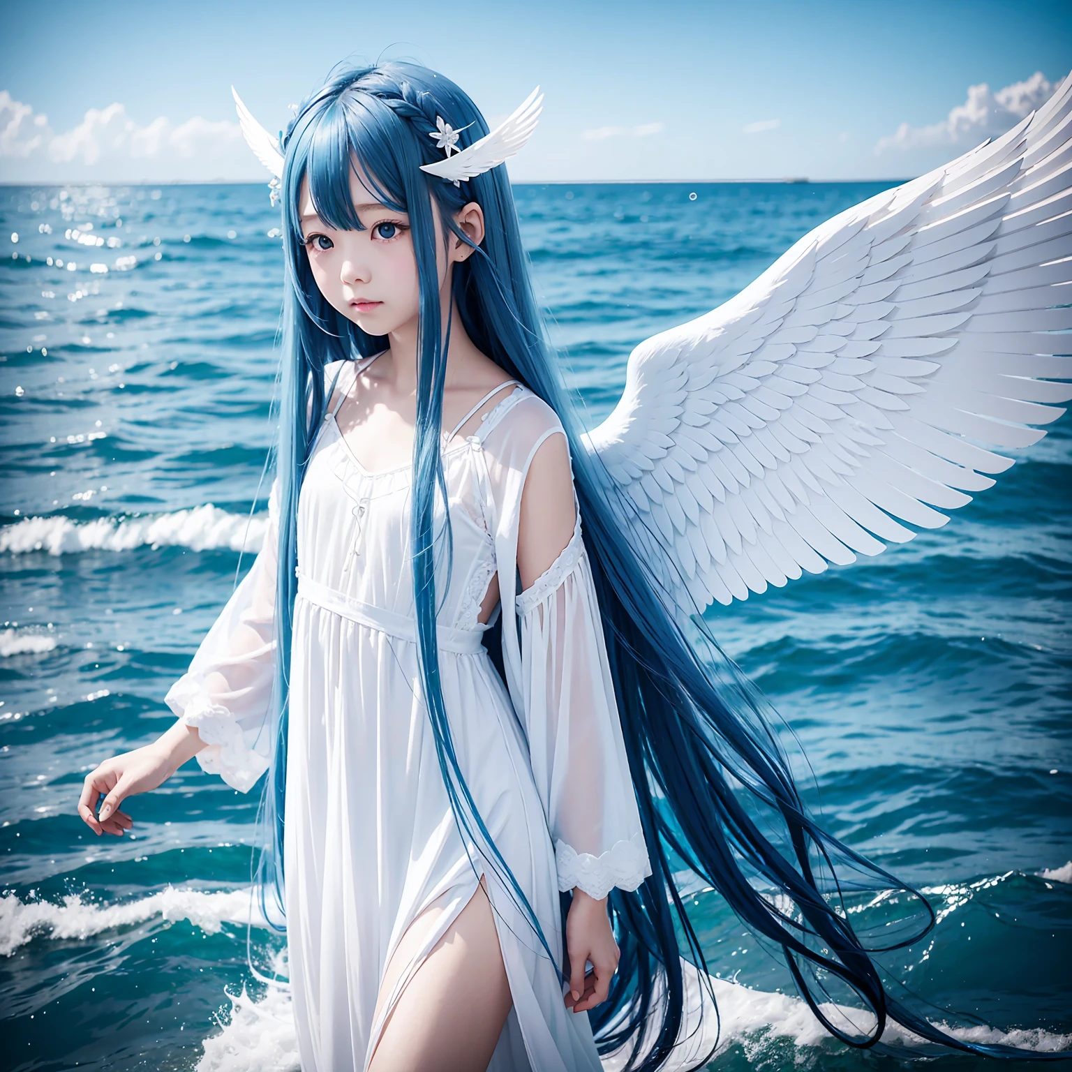 Long blue hair、Light wings on one side、Angel Halo、child、Light wings on one side、On the Sea