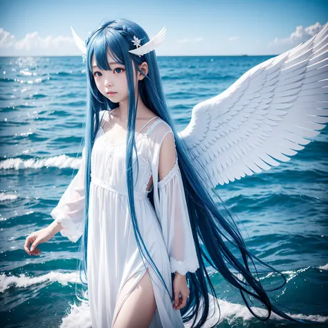 long blue hair、light wings on one side、angel halo、child、light wings on one side、on the sea