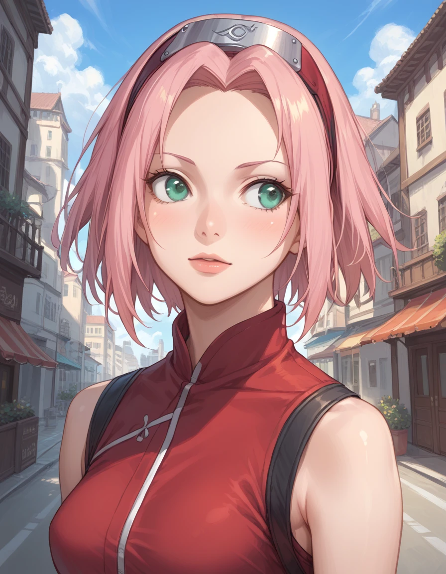 (score_8, score_8_up,source_anime,masterpiece,highest quality,Perfect Anatomy,Exquisite detailed:1.1)(realistic skin:0.5)Solo,haruno sakura,pink hair,short hair, green eyes, forehead protector,small breasts,looking away,city