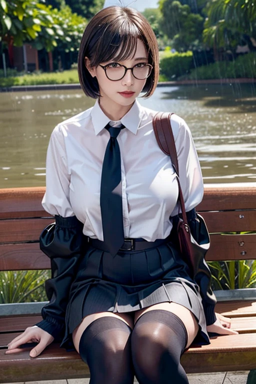 Realistic, High resolution, 1 female, Mature Woman, alone, Hip Up, Viewer Display, (Detailed face), (Short Bob)、(Glasses)、school uniform, mini skirt、Tight waist、Ample breasts、(Over the knee socks)、Sit on a bench、(Blouse wet in the rain)、(Girl in the rain)、bus stop、heavy Rain、(dark sky)、(Dark Background)、At dusk、Rain-soaked hair、Background blur, 