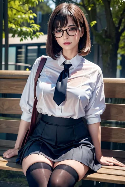 realistic, high resolution, 1 female, mature woman, alone, hip up, viewer display, (detailed face), (short bob)、(glasses)、school...