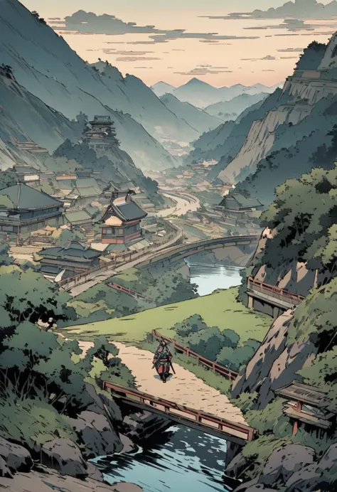 landscape of japan in the warring states period。a swordsman walking along a mountain path、traveling to the next duel grounds