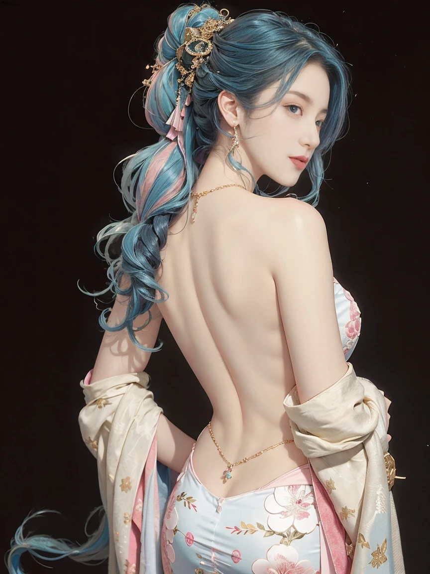 highly detailed, 8K, masterpiece, 1 girl, blue pink_hair, nude, Smile, (perfect_Face), boundary, close up, crazy, exist_Back, Gorgeous, complicated, Dramatic Lighting, 4K, detailed_Background, Caustics, full_Body,  