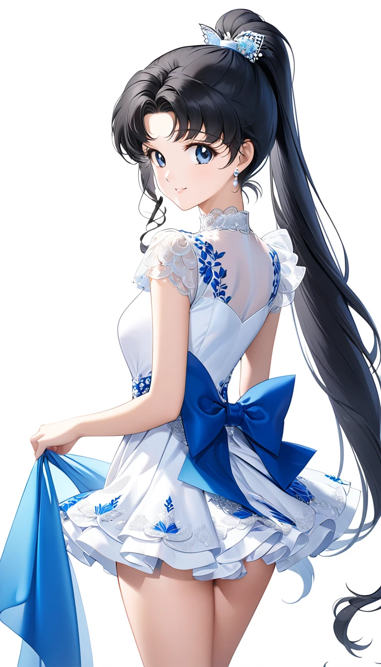 (((White Background:1.5)))、(Very wide shot)、(masterpiece、Ultra HD、Highest quality、masterpiece、４hair:1.2)、Slender body、 Intricate details, Very elaborate fingers、Black hair ponytail、White elegant dress, Intricate details、smile、happiness、whole body、Are standing、(((look back:1.5)))
