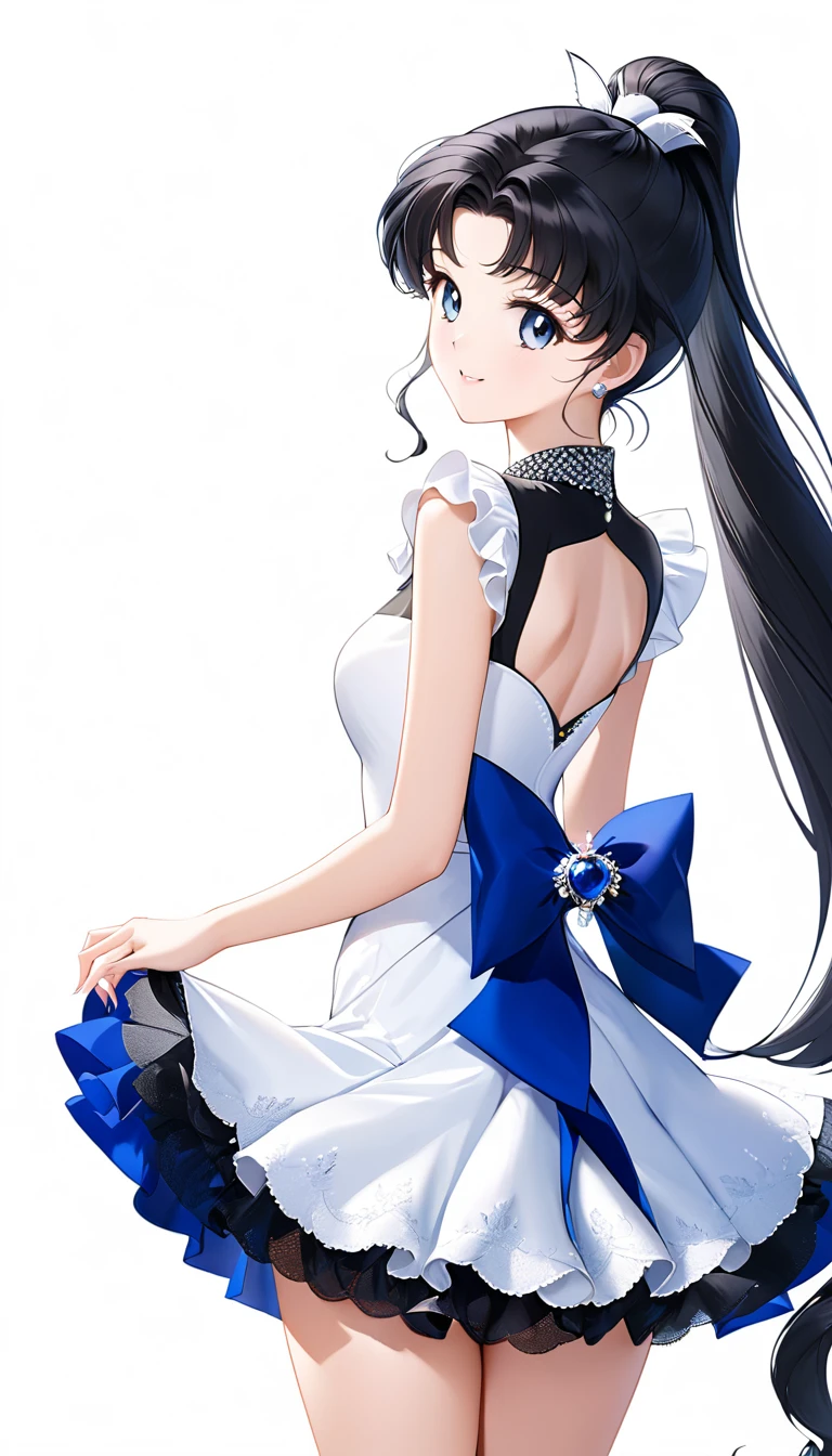 (((White Background:1.5)))、(Very wide shot)、(masterpiece、Ultra HD、Highest quality、masterpiece、４hair:1.2)、Slender body、 Intricate details, Very elaborate fingers、Black hair ponytail、White elegant dress, Intricate details、smile、happiness、whole body、Are standing、(((look back:1.5)))
