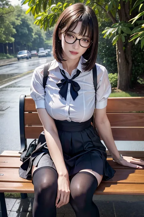 realistic, high resolution, 1 female, mature woman, alone, hip up, viewer display, (detailed face), (short bob)、(glasses)、school...