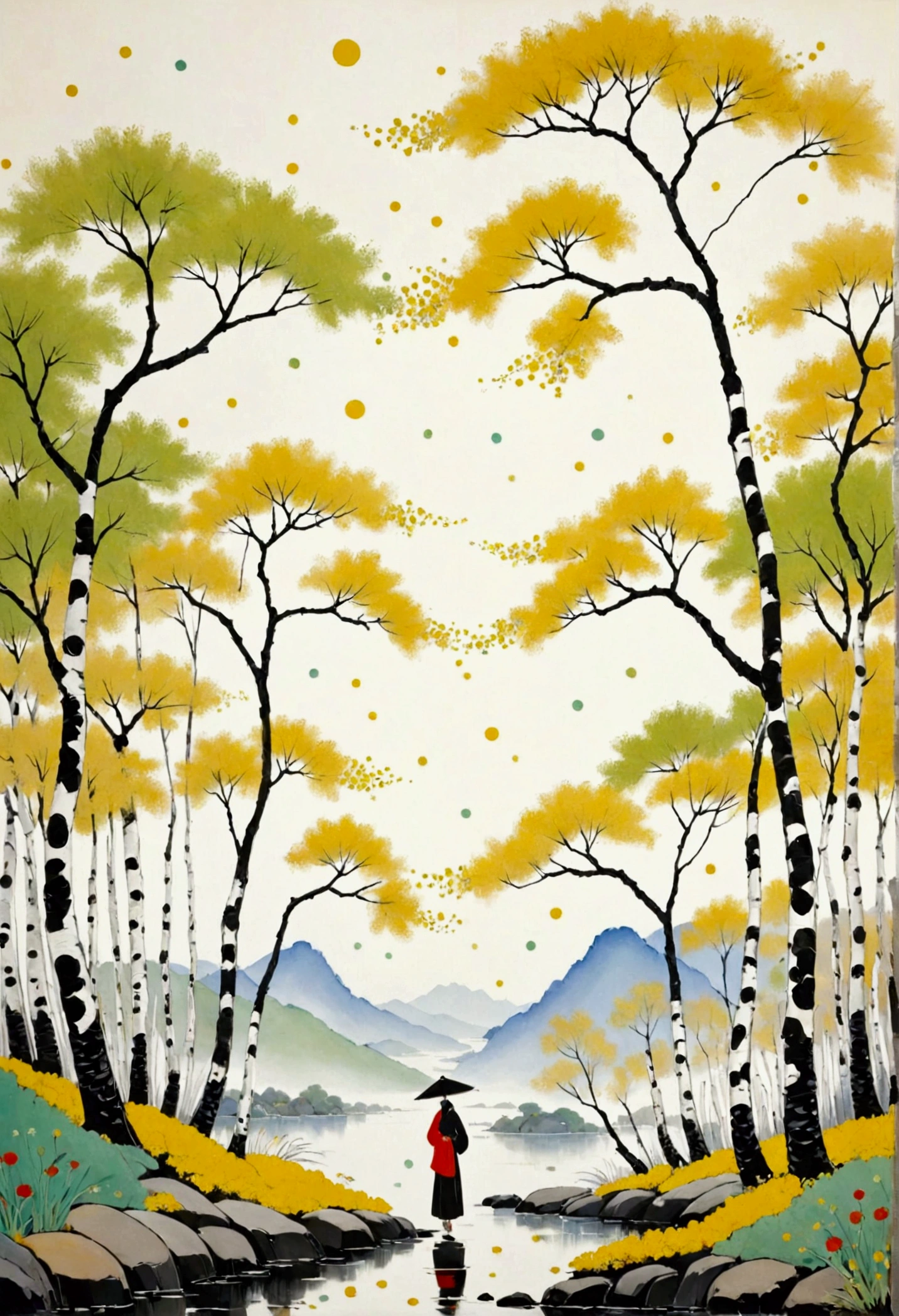 2d，flat，Cloisonné enamel，Chinese style，modern Art，Fine-brush Painting，Chinese aesthetics，Printing pattern，Color ink，Polka dot art，((Dot：1.9))，Freehand，artistic conception，Wu Guanzhong&#39;s artistic style，Minimalism，Birch，Elegant and soft tones