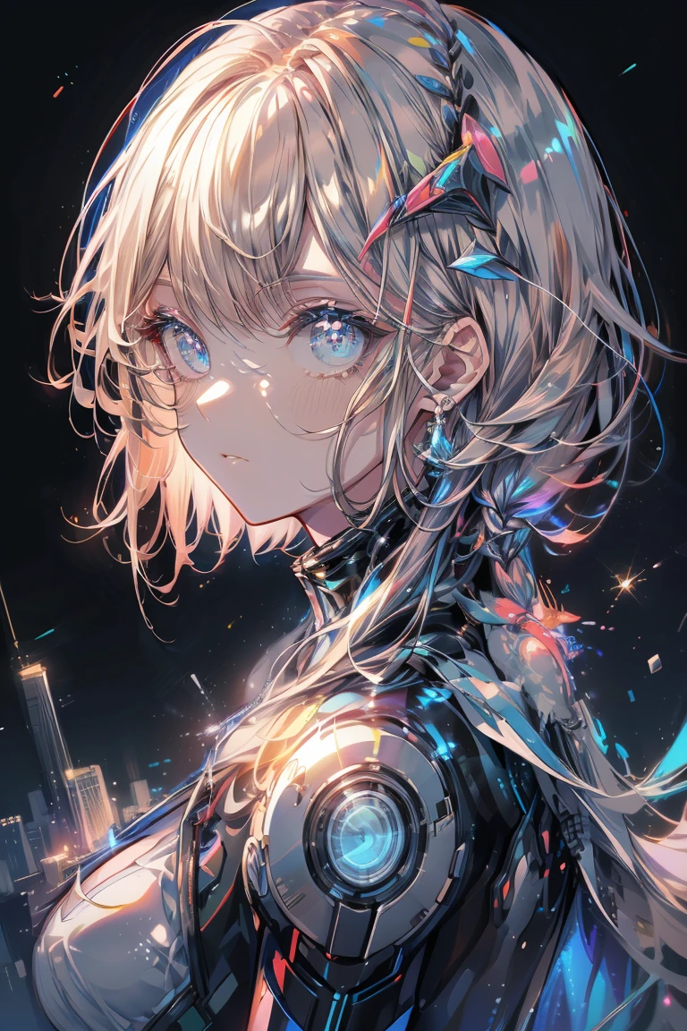 ((best quality)), ((masterpiece)), (detailed), A futuristic female android in a sci-fi movie setting on Mars. She has a white bob-cut hairstyle and wears a high-tech bodysuit with various advanced functionalities. The backdrop is a massive city on Mars, full of towering skyscrapers and glowing neon lights. The scene is set at night, with a dark sky contrasting with the vibrant city lights. The android stands confidently, her face displaying a neutral expression with a hint of mystery. The atmosphere is a mix of high-tech innovation and gritty realism, capturing the essence of human colonization on Mars.