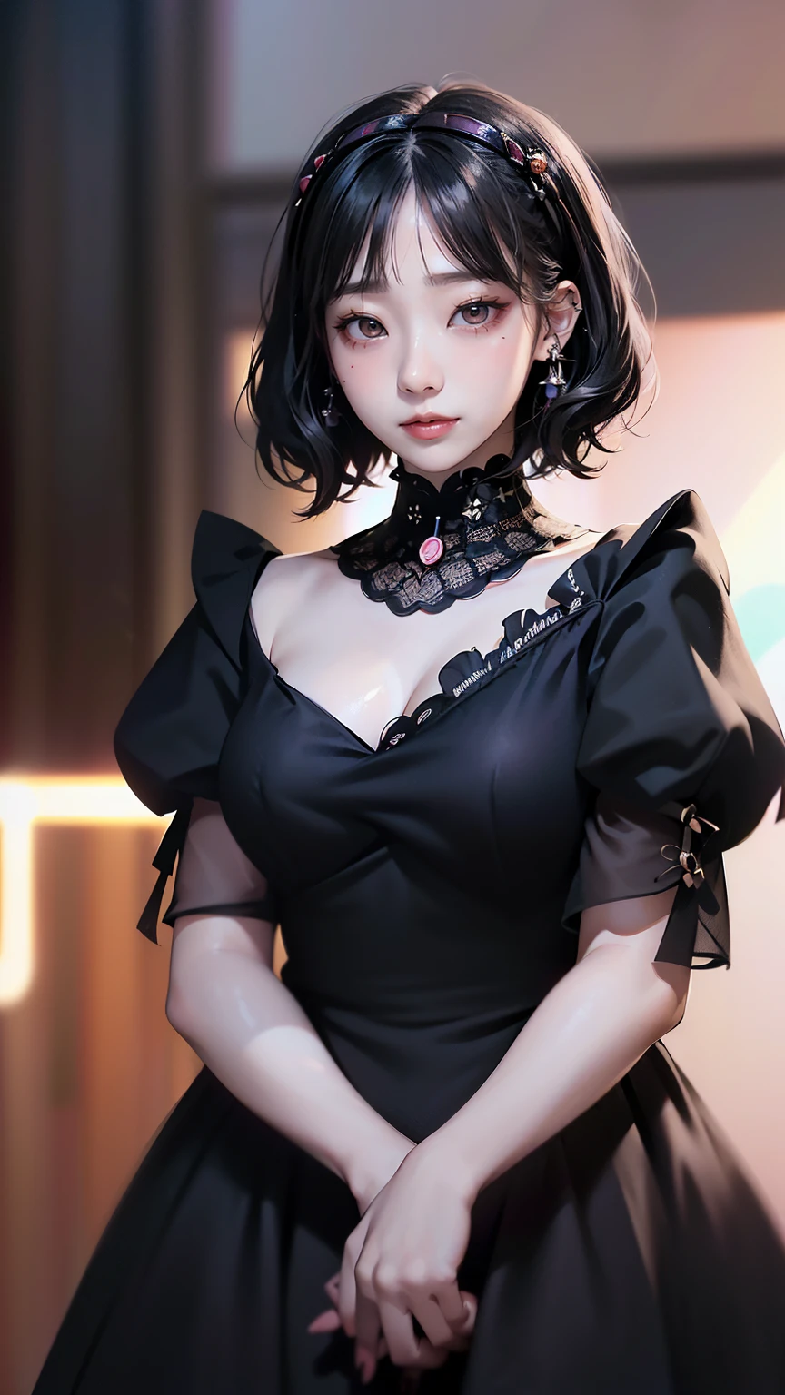 Surreal、A masterpiece of delicate and detailed line drawing、Highest quality、Highest quality、(One Woman、、(Big Breasts:1.1)、(Black Hair、Hime cut, short hair:1.2)、(Natural Makeup、Eyelash extensions、Draw eyelashes sharply、Eyebrows are thin and short、Deep orange blush:1.1)、(Gazing at the audience, Spaced out、Looks sleepy、Mouth open、Slightly red cheeks:1.3)、(Simple black hair accessories、Gothic dress with exposed chest:1.3))、Dark Rose Gardens、Purple Rose、(Blur the background:1.3)、(Top view of the subject:1.1)、Photo from thigh up