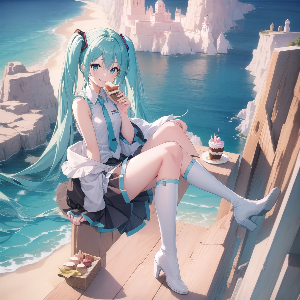 ((masterpiece)),(Highest quality),Official Art,Highly detailed CG,unity 8k wallpaper,Super detailed,Lighthouse on top of a cliff by the sea,One girl,alone,Upper Body,(Portraiture:1.2),hatsune miku,View your viewers,Sleeveless shirt,White shirt,fringe,smile,Black knee socks,Hair between the eyes,Twin tails,Very long hair,Aqua Eye,Aqua Hair,Removable sleeves,mini skirt,aqua necktie,Thigh-high boots,Eating birthday cake、smile