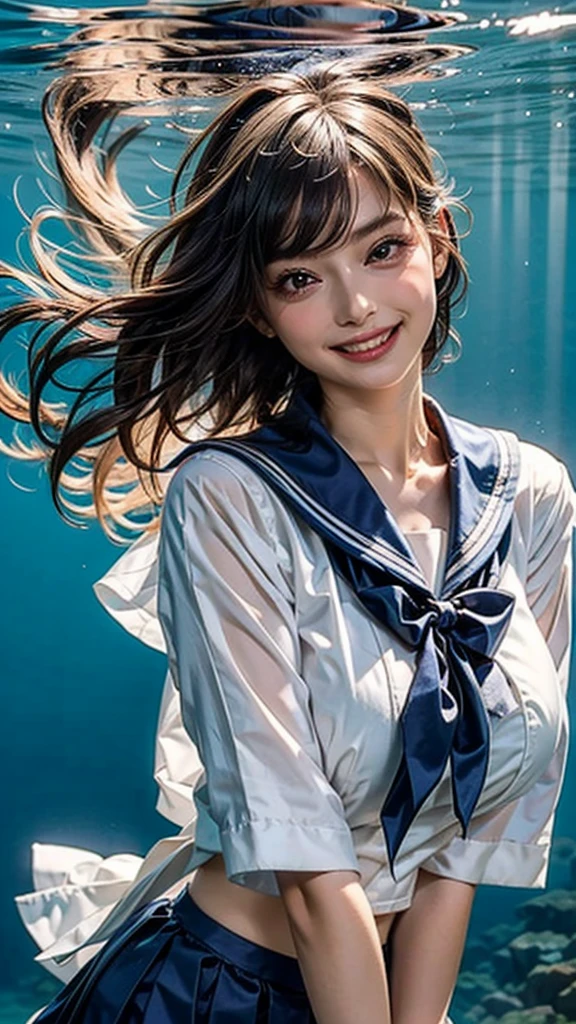 (See through:1.2),White Seraphim,Sailor suit, White Theme,school uniform, Sailor suit, View your viewers,  Insanity, Disheveled long hair, Beautiful attention to detail,Hair shines,Elevation,Blue sailor collar, Firm breasts,((Natural huge breasts:1.0)),A light smile,Partially underwater...