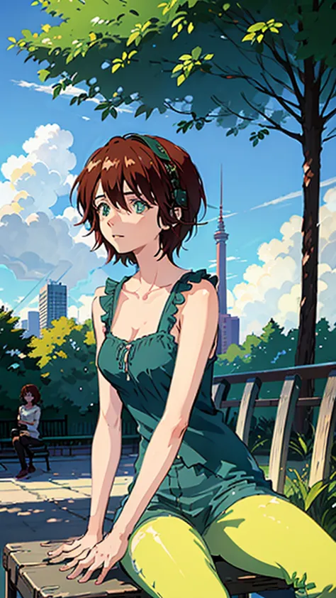 a beautiful girl with short hair, green eyes, and headphones, sitting on a bench in a sunny park