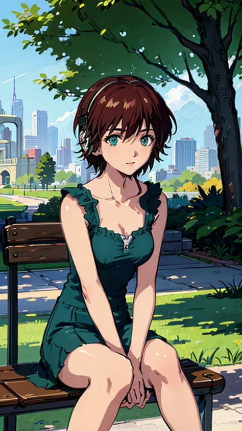 a beautiful girl with short hair, green eyes, and headphones, sitting on a bench in a sunny park