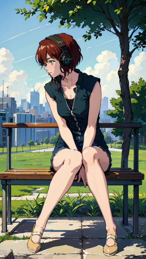 a beautiful girl with short hair, green eyes, and headphones, sitting on a bench in a sunny park