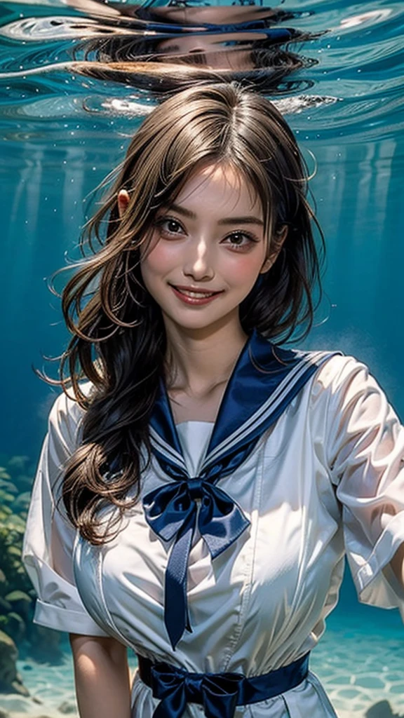 (See through:1.2),White Seraphim,Sailor suit, White Theme,school uniform, Sailor suit, View your viewers,  Insanity, Disheveled long hair, Beautiful attention to detail,Hair shines,Elevation,Blue sailor collar, Firm breasts,((Natural huge breasts:1.0)),A light smile,Partially underwater...