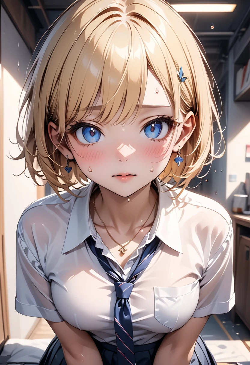 (NSFW),(high school girl、High School Uniform、White shirt), (hairpin、Earrings、necklace、bracelet),,skindentation, skinny, alone, 1 female,(masterpiece, Highest quality, Highest quality, 16K, Unbelievably absurd, Very detailed, 2.5D, AI-generated, delicate and dynamic, Very delicate look, Delicate eye depiction), erotic,, ((Cute and gentle face)), Leaner figure、Medium swaying bust, , (short hair), (Blonde:1.5), Bobcut, blue eyes, blush, (((Sweat))),Embarrassing,sexy, (Thin thighs), (Camel Toe:0.7), (Nipples are visible:0.5),Shiny, Facing directly at the viewer,  (((In the heat))), ((Oily_skin)), ((Dutch Angle)), 