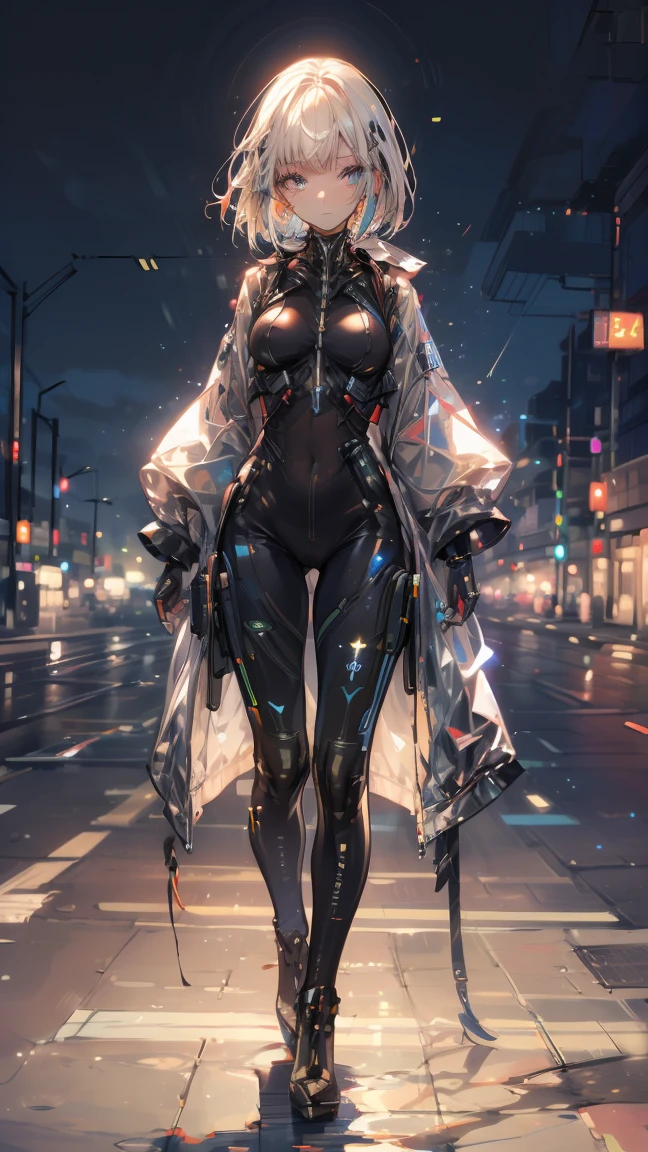 ((best quality)), ((masterpiece)), (detailed), In a futuristic sci-fi world, a female android with a sleek white bob-cut hairstyle stands in a bustling Martian city at night. She is dressed in a form-fitting, advanced bodysuit integrated with cutting-edge technology. The cityscape behind her is a sprawling metropolis on Mars, illuminated by vibrant neon lights and towering structures reaching into the dark sky. The android's expression is calm yet enigmatic, suggesting an AI with a complex personality. The scene captures the blend of high-tech innovation and the raw, untamed environment of a colonized Mars