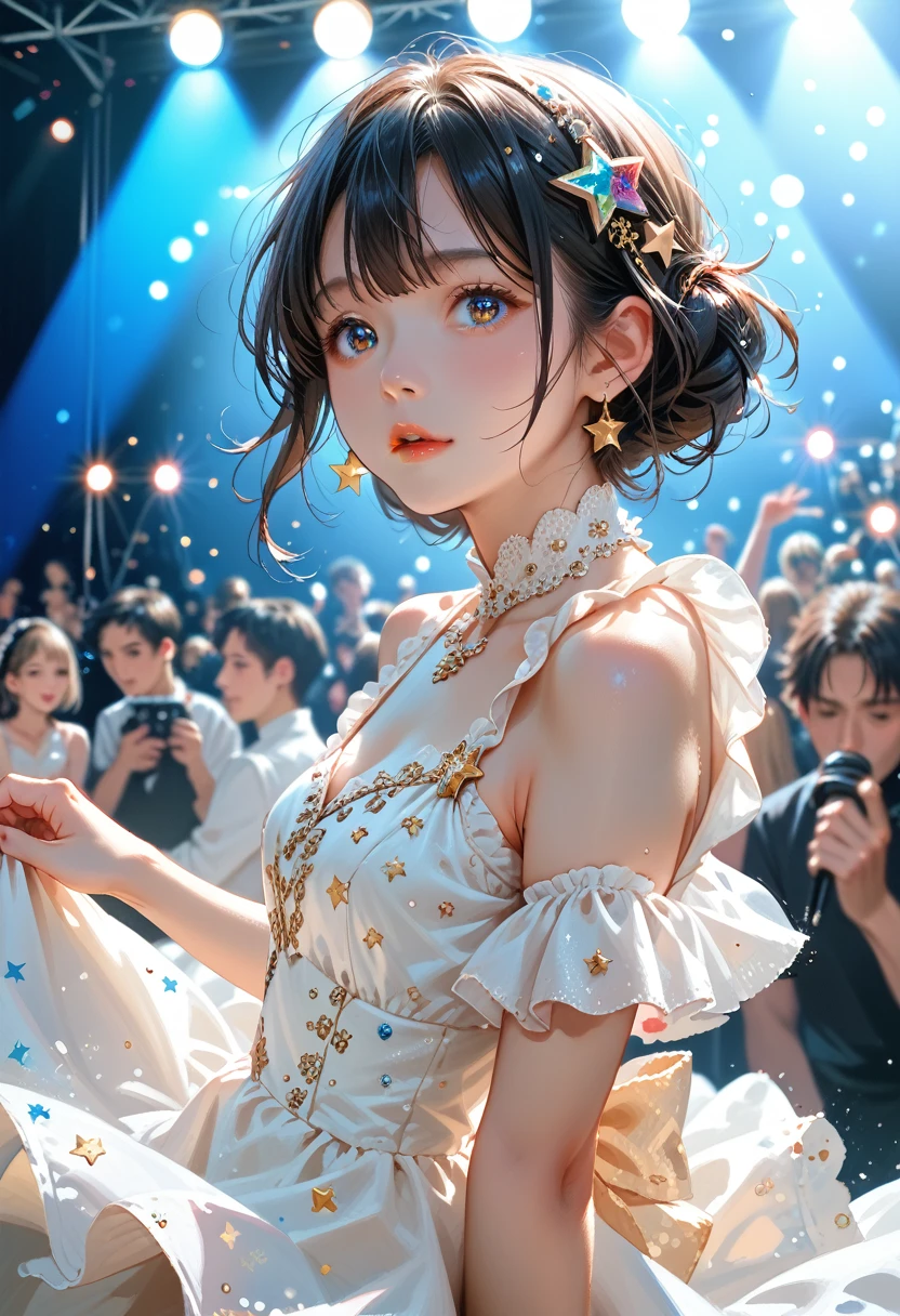 1 girl, One, Best quality, masterpiece , rubi hoshino,  hair ornament, sparkling eyes, star on the eye, (star on the right eye:1), (dress:1.4), (concert 1), On the stage,