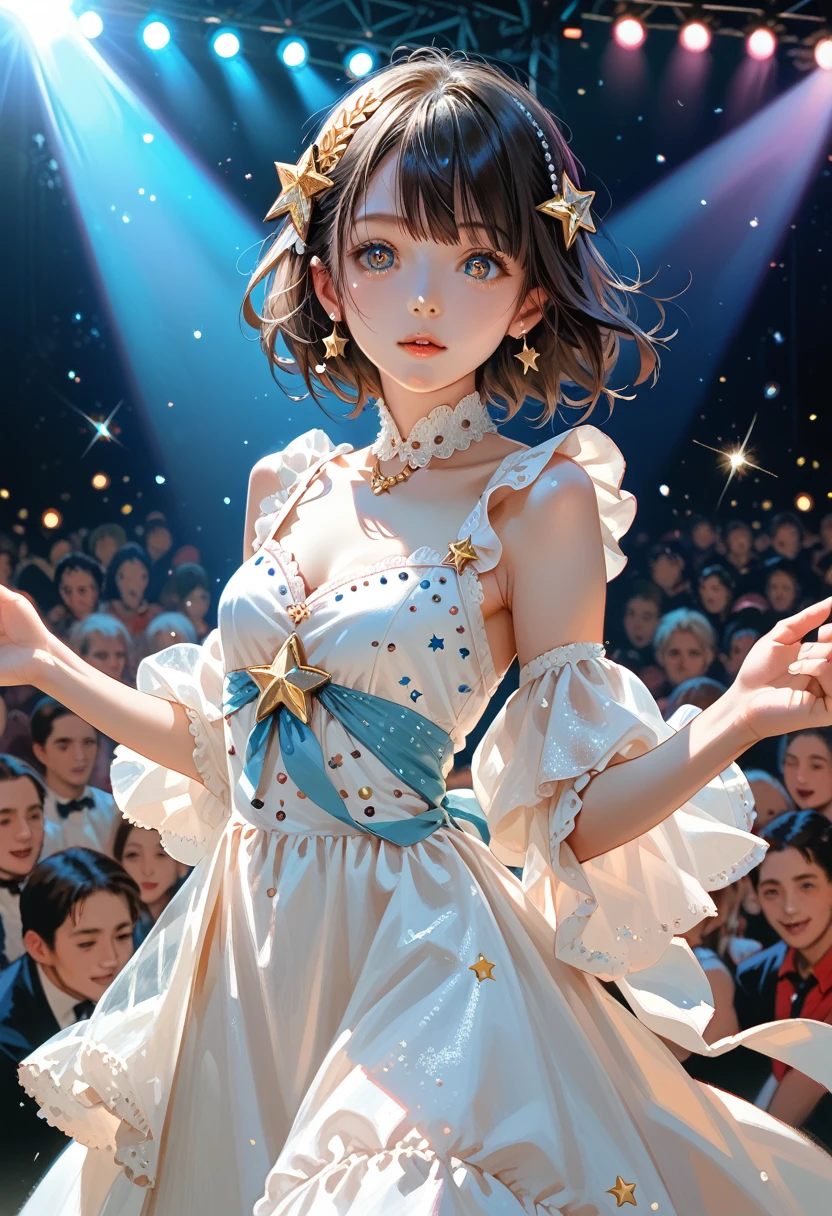 1 girl, One, Best quality, masterpiece , rubi hoshino,  hair ornament, sparkling eyes, star on the eye, (star on the right eye:1), (dress:1.4), (concert 1), On the stage,