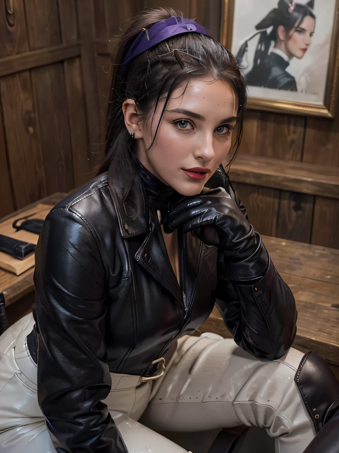 photo of a gorgeous horny, wet and sweaty, fully clothed woman, owner of an English horse stable with a sensual smile sitting on the desk with her legs crossed, waiting for the man she loves, Monica Bellucci at 3, ((eyes incredibly light blues)) ((flirting with the camera)) ((looking at the camera)) ((red lipstick)) ((Monica is wearing a horse raiding and dressed in a purple riding jacket with a white shirt underneath and a pair of brown velvet trousers, and long black leather riding boots, (( black ponytail)) (( wearing her black leather riding gloves )) enjoys playing with her riding crop with her perfect black leather gloves ((the photo is up frontl))
